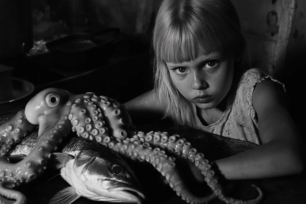 A young girl with a serious expression stares intensely at the viewer. Her blonde hair falls around her face.  She sits in front of a large octopus and a fish, both of which appear dead, creating a sense of foreboding and unease.  The image is in black and white, which adds to the mysterious and unsettling atmosphere.  The girl's gaze is direct,  as if she's holding a secret.
