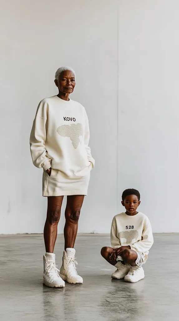 A woman and a young boy both wearing cream colored clothing stand against a white wall. The woman has grey hair and is wearing a sweatshirt with the word "KOVO" on it, and white boots. The boy is wearing a sweatshirt with the number "528" on it and white shoes.  They are both looking directly at the camera. The image is minimalist and focuses on their neutral expressions and matching outfits.