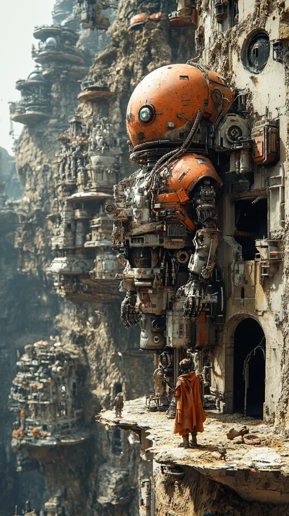 A large, rusty robot stands on a cliffside platform overlooking a vast, rocky landscape. The robot's head is an orange dome with a single, green eye. It's body is made of numerous metal parts and is heavily weathered. In the foreground, a small figure in a red cloak stands on the platform, dwarfed by the robot's immense size. The background features a series of intricate, mechanical structures built into the cliffs, creating a sense of futuristic decay.  The scene evokes a sense of both grandeur and desolation, suggesting a world where advanced technology has long since fallen into ruin.