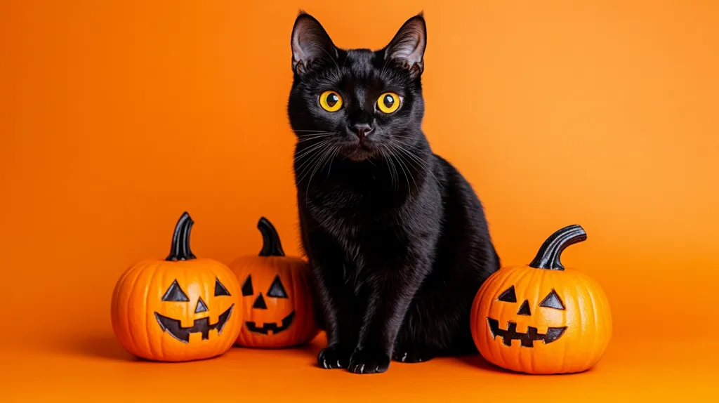 A black cat with bright yellow eyes sits in front of three jack-o-lantern pumpkins. The scene is set against a vibrant orange background, creating a festive and spooky Halloween atmosphere. The cat's sleek fur and the pumpkins' carved faces add a touch of mystique to the image.