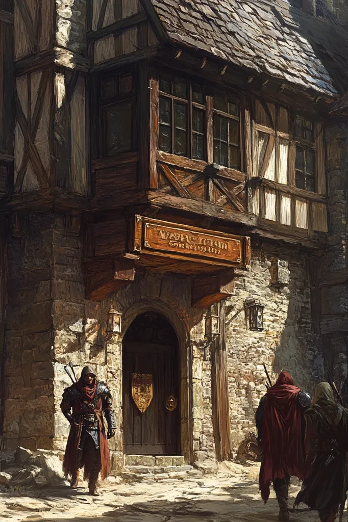 The image shows a medieval building with a sign above the door that reads "Wharf & Grain, Established 1177." A man in dark armor and a red cloak stands in front of the building, while two other figures in red and green cloaks are walking away from the building. The building has a wooden facade and a stone base, and the scene is set in a cobblestone street. The image evokes a sense of history and adventure.