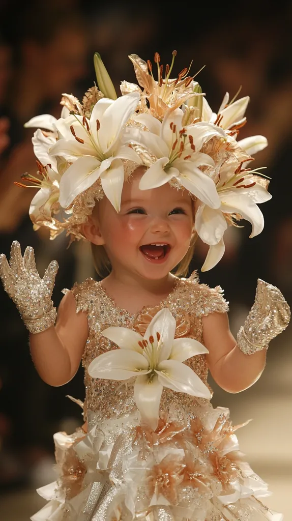 A young girl in a white dress adorned with sparkling embellishments and lilies smiles brightly. Her large flower crown and matching gloves complete her elegant ensemble. The girl's infectious happiness adds a touch of innocence to the image.