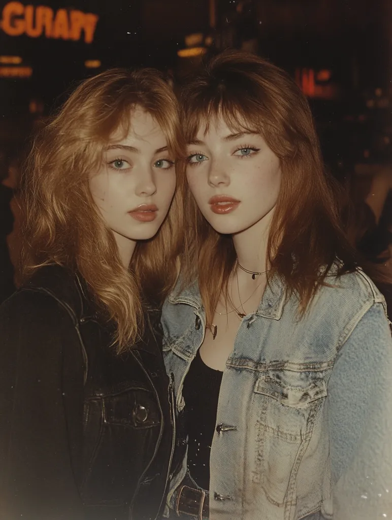 Two young women stand side by side, their long brown hair cascading down their shoulders. The woman on the left wears a black leather jacket, while the woman on the right sports a light denim jacket.  They both have fair skin, with captivating blue eyes and soft features. The image has a nostalgic feel, capturing a moment in time with its warm tones and blurred background.  The lighting creates a soft glow on their faces, highlighting their youthful beauty.