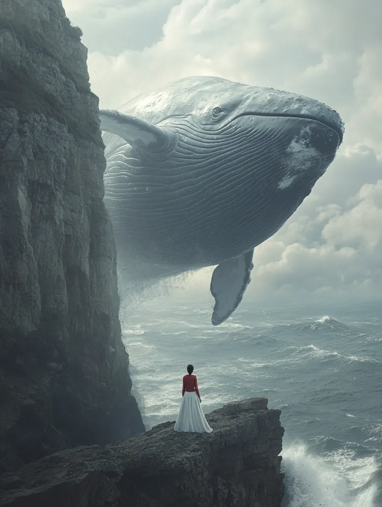 A giant whale, seemingly floating in the air, is positioned between a rocky cliff and a stormy sea. A lone woman in a white dress stands on the clifftop, gazing out at the awe-inspiring spectacle. The clouds are a swirling mix of grey and white, adding to the dramatic atmosphere of the scene.