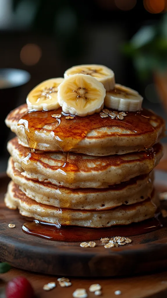 A stack of fluffy pancakes topped with sliced bananas and drizzled with maple syrup sits on a wooden plate surrounded by scattered oats. The pancakes are golden brown and appear soft and inviting. The warm light casts a soft glow on the breakfast scene.