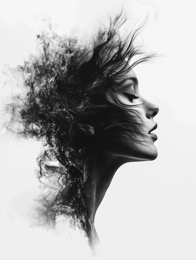 A black and white portrait of a woman with long, flowing hair that appears to be merging with smoke. The woman's face is turned to the side, and she has a serene expression. The image is rendered in a soft, ethereal style, giving it a dreamlike quality. The composition is simple but effective, with the woman's profile dominating the frame. The overall effect is one of beauty, mystery, and tranquility.