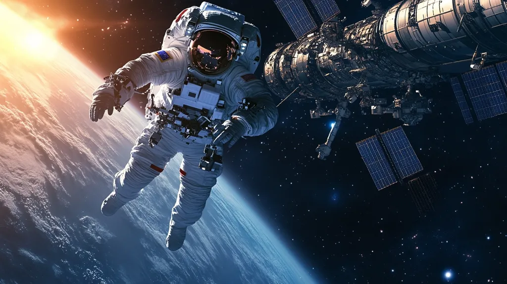 An astronaut floats in the vastness of space, a white figure against the backdrop of a deep blue sky speckled with stars. The astronaut's suit is pristine, reflecting the faint glow of the distant sun.  A large spacecraft, with expansive solar panels, hovers in the distance, a testament to human ingenuity and exploration. The curvature of the Earth peeks into the frame, a blue and white sphere bathed in the golden light of the setting sun.