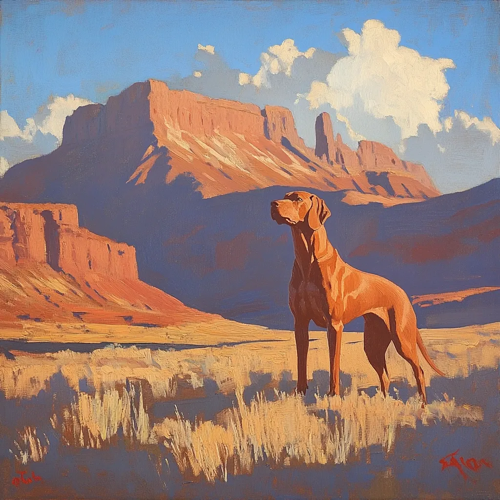 A reddish-brown dog stands in a field of tall grass, looking towards a majestic mountain range in the distance. The sky is a soft blue with a single, large white cloud. The dog's posture is alert, suggesting it is ready to pounce or perhaps just enjoying the view. The painting captures a sense of calm and peace, highlighting the beauty of the natural world.