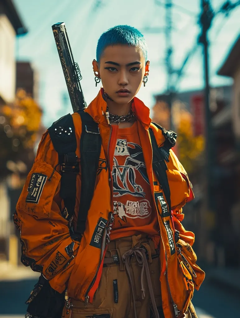 A young person with bright blue hair is wearing an orange jacket with black accents and a black backpack. They have a serious expression on their face and are looking directly at the camera. There is a black object, possibly a weapon, behind their shoulder. The background is out of focus and appears to be a street scene. The lighting is bright and warm, creating a strong contrast between the person and the background. The image is edgy and cool, suggesting a rebellious or alternative lifestyle.