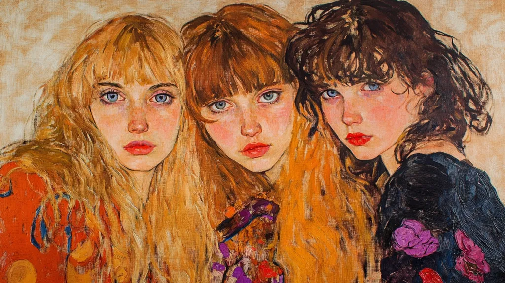 The painting depicts three young women, each with a distinct hairstyle and clothing. The woman on the left has long blonde hair and is wearing a red and orange garment, the middle woman has long red hair with bangs and a purple and orange dress, and the woman on the right has dark brown hair and a black blouse with purple flowers. Their expressions range from pensive to serious, creating a sense of intimacy and connection. The thick brushstrokes and vibrant colors lend a bold and expressive quality to the artwork.