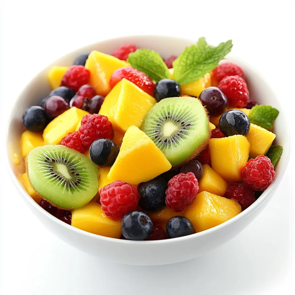 A white bowl filled with a vibrant fruit salad.  The salad features diced mango, kiwi, blueberries, raspberries, and a few sprigs of mint. The bright colors and contrasting textures create a visually appealing and refreshing scene.  The salad appears both delicious and healthy.