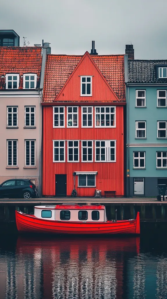 A red rowboat sits on a calm, reflective water in front of a row of colorful houses with an overcast sky overhead. The buildings have a variety of architectural details, with the red house being the most prominent in the center, featuring a symmetrical facade and multiple windows. The houses stand on a concrete dock, creating a vibrant scene.  The red boat and the red house make a striking contrast against the blue water and the cloudy sky, creating a visually pleasing composition.