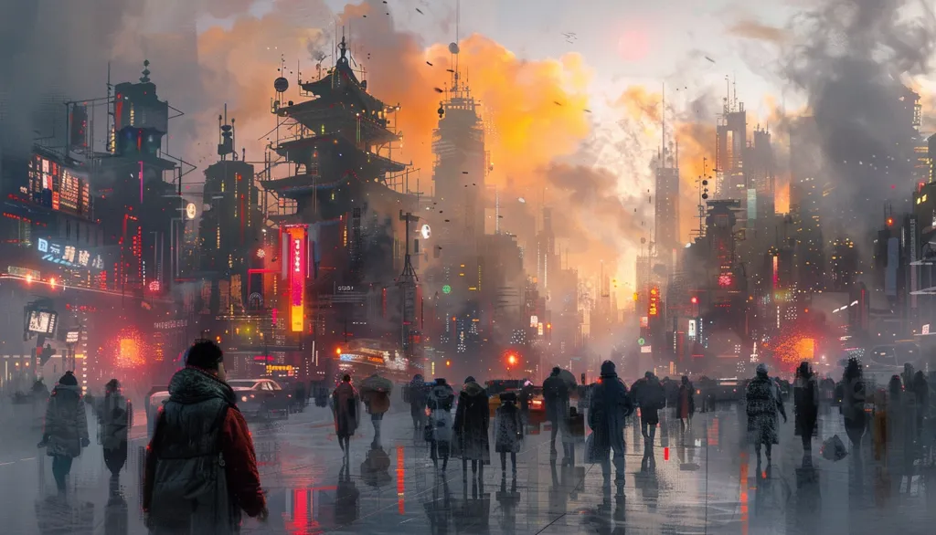 The image depicts a futuristic cityscape shrouded in fog and smoke. Tall buildings with neon lights line the streets, which are filled with people walking and driving. The sky is a fiery orange, suggesting either a sunset or a possible fire. The scene creates a sense of both wonder and unease.