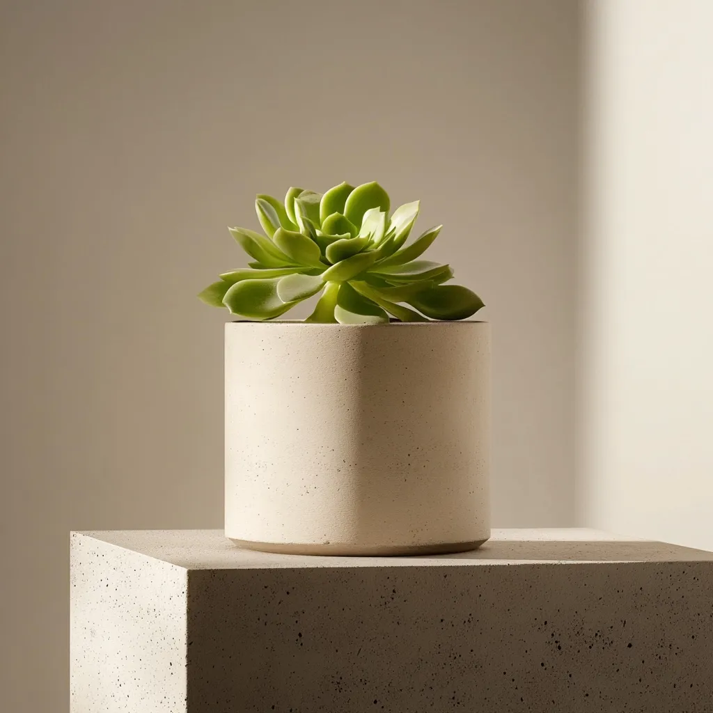 A succulent plant with light green leaves sits in a white, textured, cylindrical pot. The pot rests on a concrete block against a backdrop of a soft, light beige wall.  The scene is illuminated by warm, natural light, casting subtle shadows. The image has a minimalist aesthetic, highlighting the simple beauty of the plant and its container.