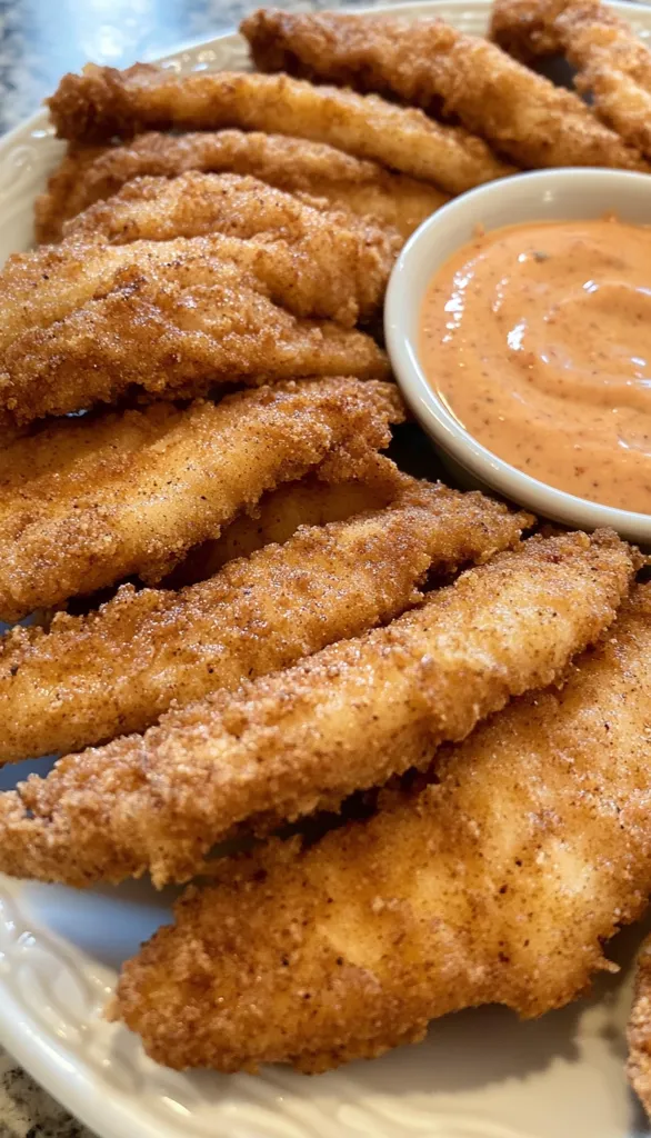 A plate of crispy, golden-brown fried chicken tenders, piled high and ready to eat. They are  surrounded by a small white bowl containing a creamy pink sauce, likely a dipping sauce for the chicken tenders. The image captures the enticing aroma and texture of this classic comfort food.