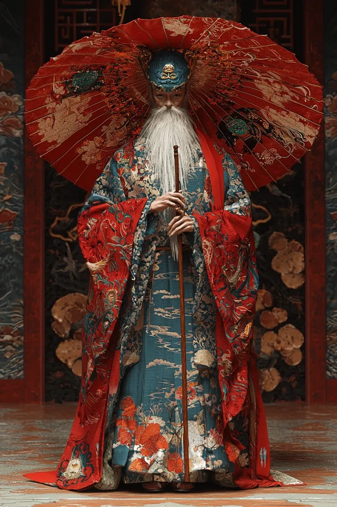 A figure in elaborate, traditional Chinese attire stands against a backdrop of a red and gold patterned wall. They are wearing a long, flowing robe adorned with intricate floral patterns in red, gold, and blue. A large red umbrella with golden and silver embellishments rests above their head. The figure has a long white beard and a serene expression, holding a staff in their hands. The overall image evokes a sense of ancient tradition and royal elegance.
