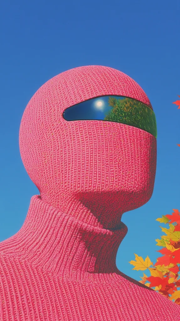 A person wearing a pink knitted turtleneck sweater and a pink balaclava with a reflective visor, stands against a bright blue sky.  The background is blurred, with a few autumn leaves visible. The image has a retro feel, with a slightly surreal and artistic style.