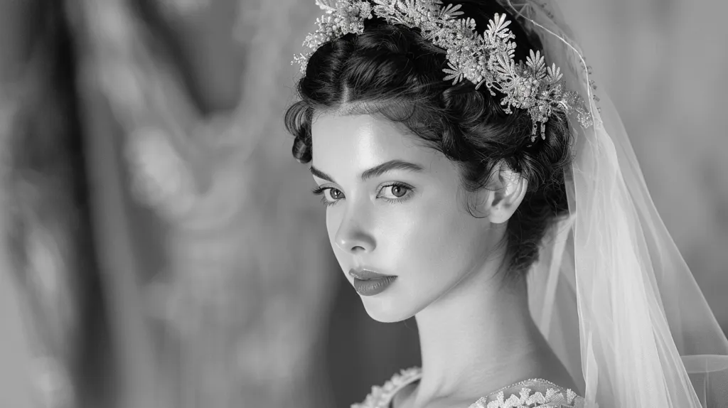 A bride in a white veil looks directly at the camera with a serious expression. She is wearing a delicate floral crown in her dark hair, and the image is in black and white. The soft lighting highlights her features, making her appear elegant and ethereal.  Her gaze is intense, suggesting a mix of anticipation and composure as she prepares for her wedding day.