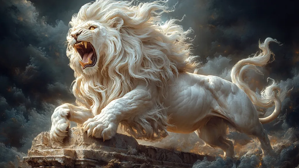 A majestic white lion with a flowing mane and tail roars majestically against a backdrop of stormy clouds. Its golden eyes gleam with power and its muscular body exudes strength. The lion stands on a rocky ledge, its paws poised for action. The image evokes a sense of raw power and untamed beauty.