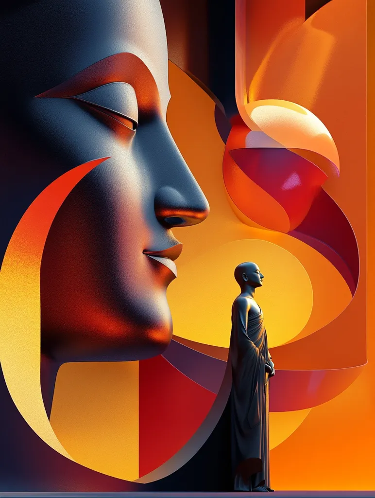 A close-up view of a Buddha statue's face, with a serene expression, against a background of bold, abstract shapes in vibrant orange, red, and yellow hues. A smaller figure of a monk stands to the right, facing the Buddha, creating a sense of contemplation and connection. The image evokes a sense of peace, spirituality, and the interplay between the spiritual and the earthly realms.