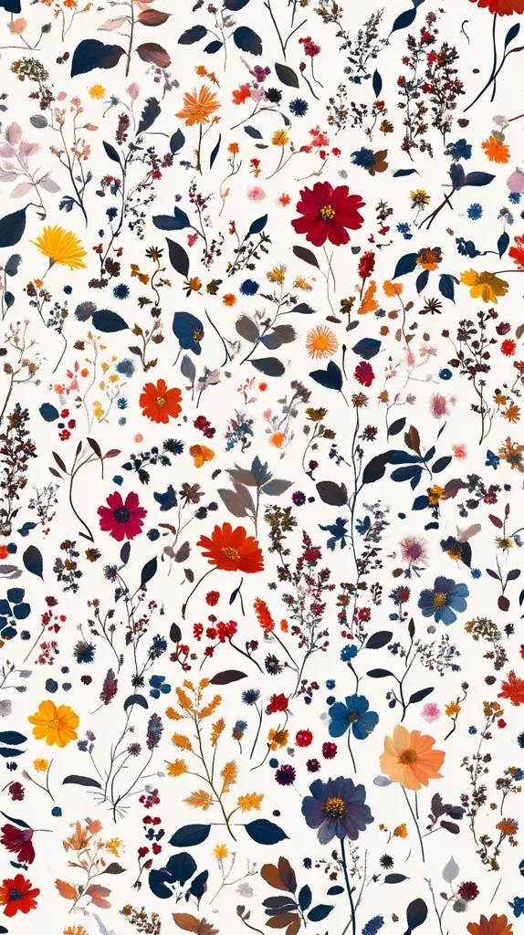 The image is a floral pattern featuring a variety of colorful flowers and leaves. The background is white, and the flowers are in shades of red, orange, yellow, blue, and purple. The leaves are primarily a deep blue-green color. The overall effect is one of delicate beauty and vibrancy.
