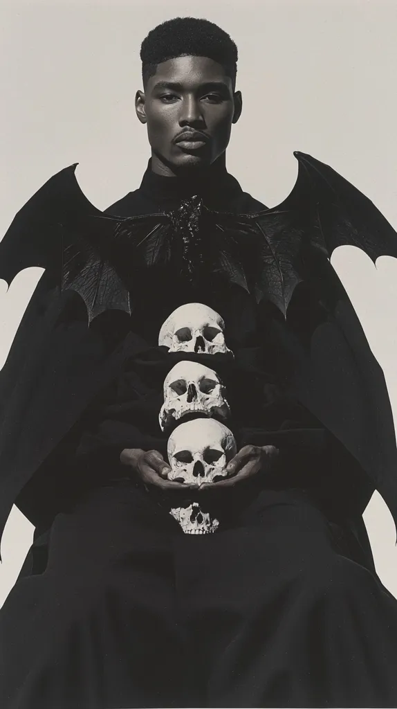 A young black man with a serious expression sits in a dark room, wearing a long black cloak with a dramatic, black bat wing collar. He holds three white human skulls in his hands, creating a dramatic and macabre image. The black and white tone of the photograph adds to the somber and mysterious atmosphere.