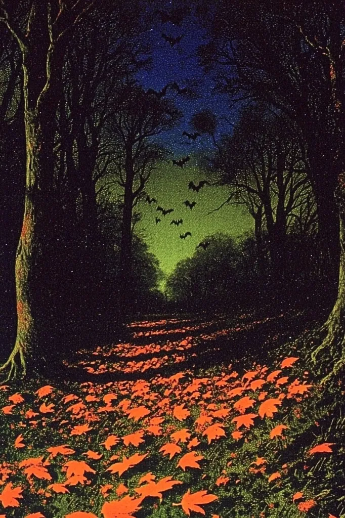 The image depicts a dark, eerie forest scene with a path leading into the woods. Silhouettes of trees line the path, while a flock of bats flies overhead against a night sky. The path is covered in bright orange leaves, creating a vibrant contrast against the dark background. The scene evokes a sense of mystery and intrigue, hinting at a possible hidden world within the forest. The overall mood is one of quiet suspense, perfect for a Halloween setting.