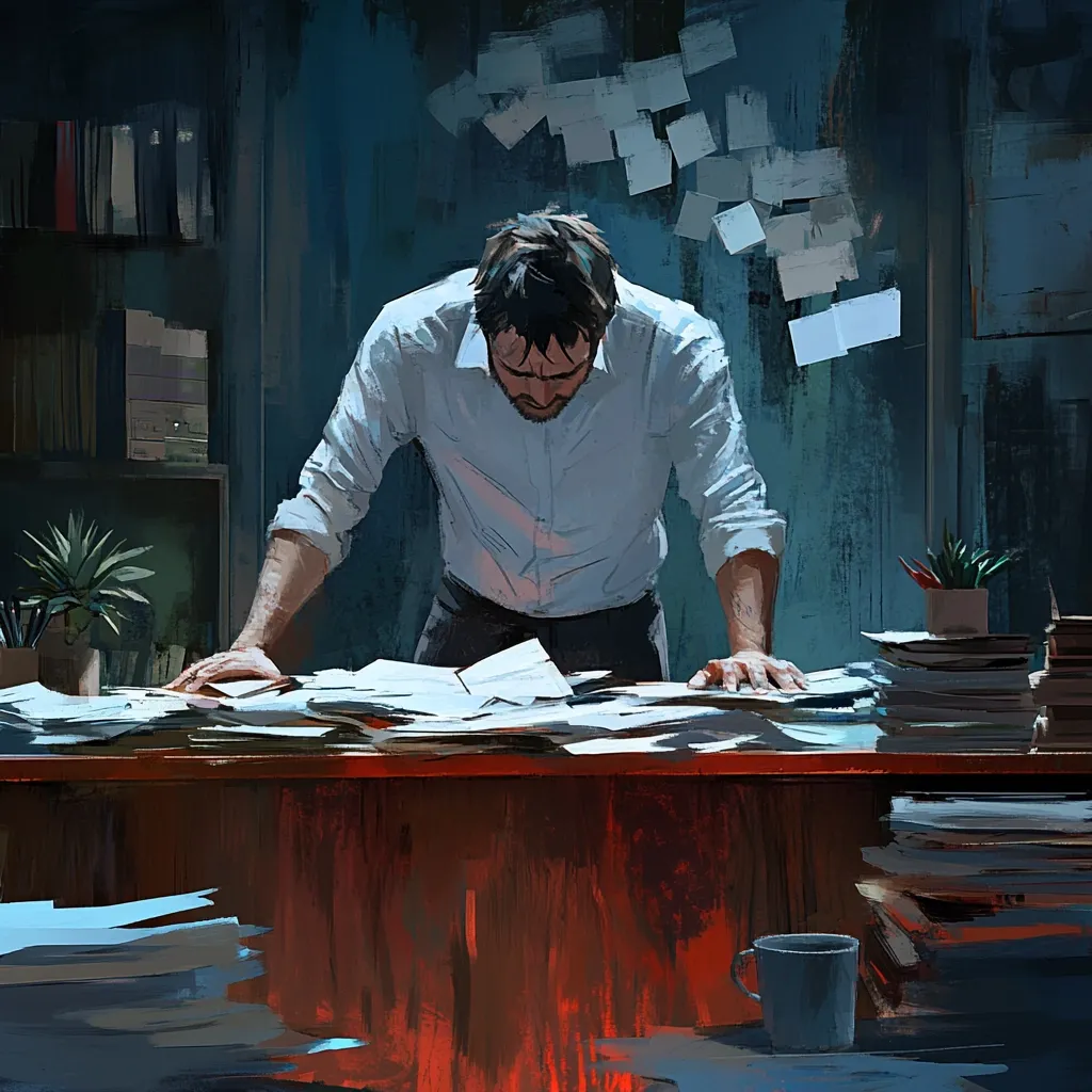 A man in a white shirt leans over a desk piled high with papers, his face obscured by the stack. The room is dimly lit, with only a few desk lamps providing light. The wall behind him is covered in sticky notes, suggesting a chaotic and overwhelming workload. A single coffee mug sits on the desk, suggesting a long night of work. The overall mood is one of exhaustion and frustration.