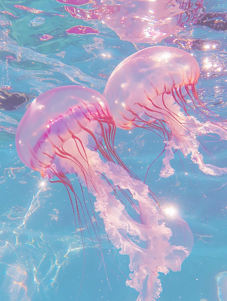 Two pink jellyfish float gracefully in a shimmering blue ocean. Their translucent bells and trailing tentacles create an ethereal image, highlighted by the glistening sunlight filtering through the water. The colors are soft and dreamy, creating a serene and magical atmosphere.