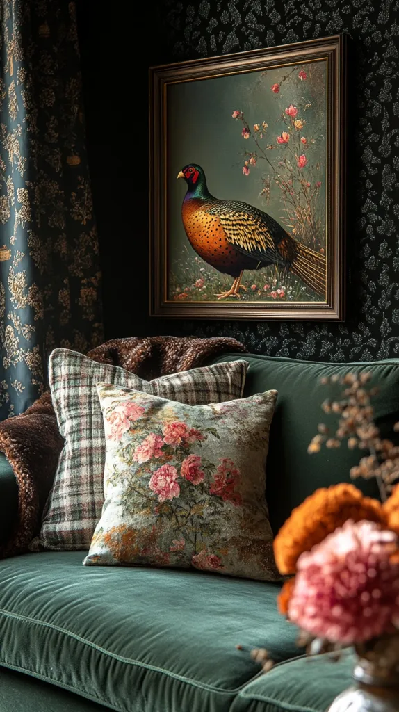 A plush, emerald green velvet sofa sits in a room with dark green patterned wallpaper. Two pillows adorned with floral prints and plaid patterns rest on the sofa. A framed painting of a pheasant standing in a field of flowers hangs on the wall above.  The room is dimly lit, creating a cozy and inviting atmosphere.  A bouquet of flowers in a vase rests on the sofa, adding a touch of color and fragrance to the space.