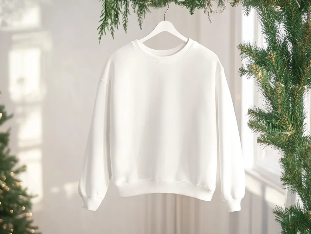 A plain white sweatshirt hangs on a wooden hanger against a white background with a sprig of pine needles to the right and a christmas tree to the left. The sweatshirt is blank, ready for a design. The background is white with soft shadows from an unseen light source.  The simple composition draws attention to the sweatshirt.