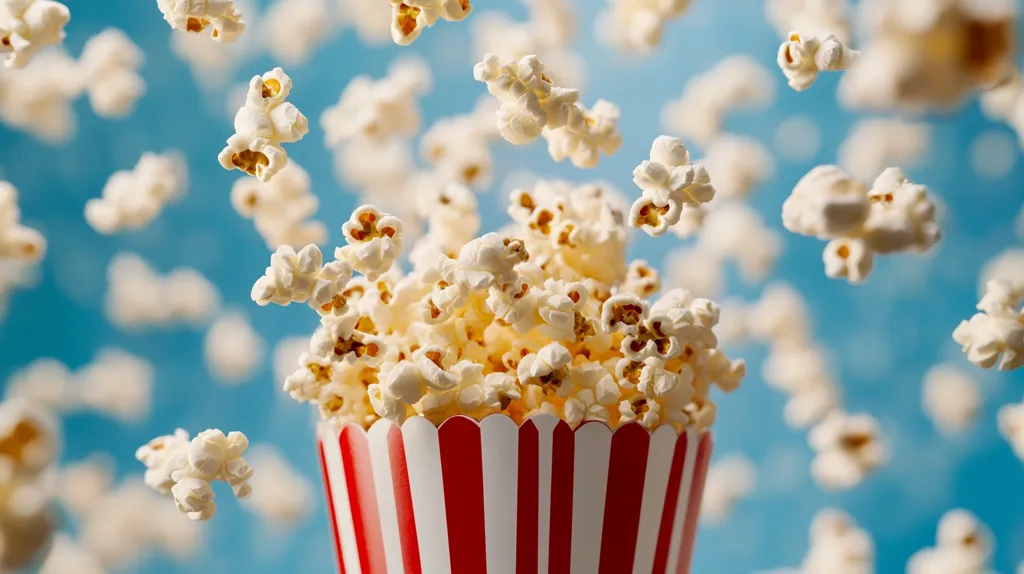 A red and white striped popcorn bucket sits on a blue background. It is overflowing with popcorn, with several pieces floating in the air. The scene evokes a sense of fun and lightheartedness, suggesting a movie night or a snack break.  The image is vibrant and visually appealing.