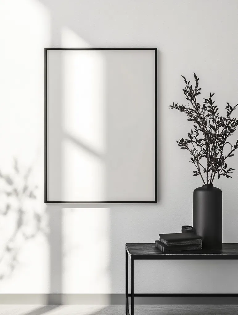 The image shows a minimalist interior design with a large black frame on a white wall. The frame is empty, providing a blank canvas for a potential artwork. A black vase with a sprig of black foliage sits on a black metal table in the foreground. The sunlight casts soft shadows on the wall, creating a sense of tranquility and serenity. The overall aesthetic is clean, modern, and sophisticated.