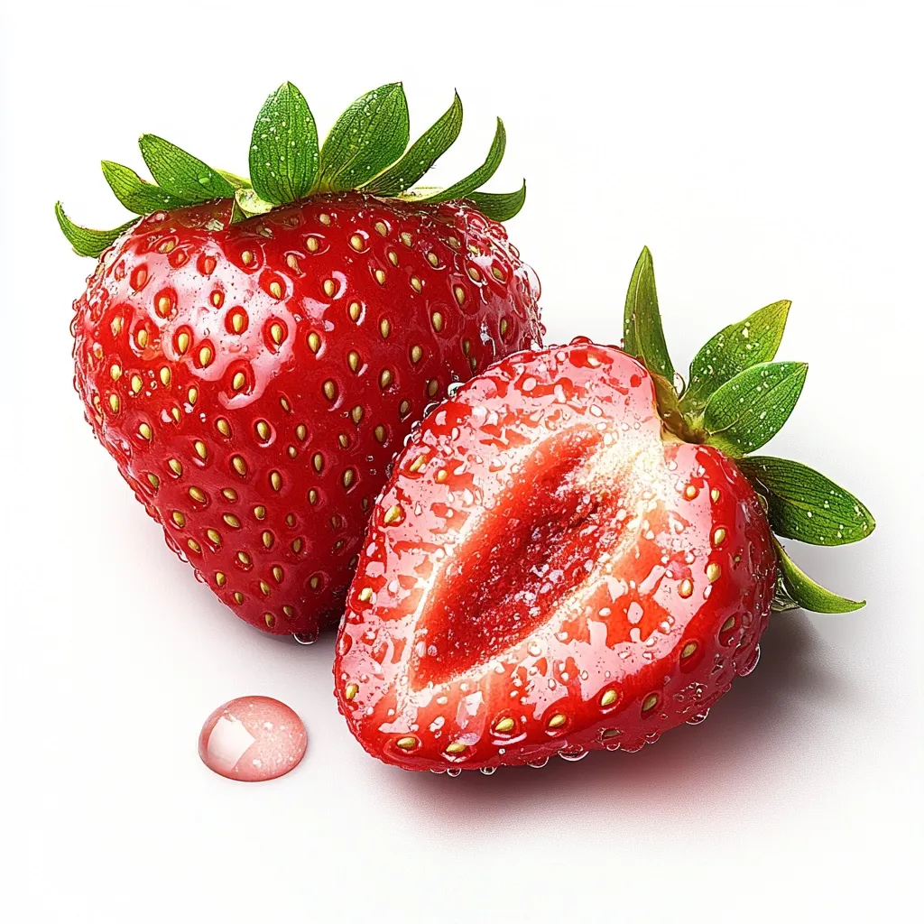 Two strawberries, one whole and one cut in half, are presented against a white background. The strawberries are glistening with moisture and have fresh green leaves. A small drop of liquid sits beneath the strawberries. The image evokes a sense of freshness and sweetness.