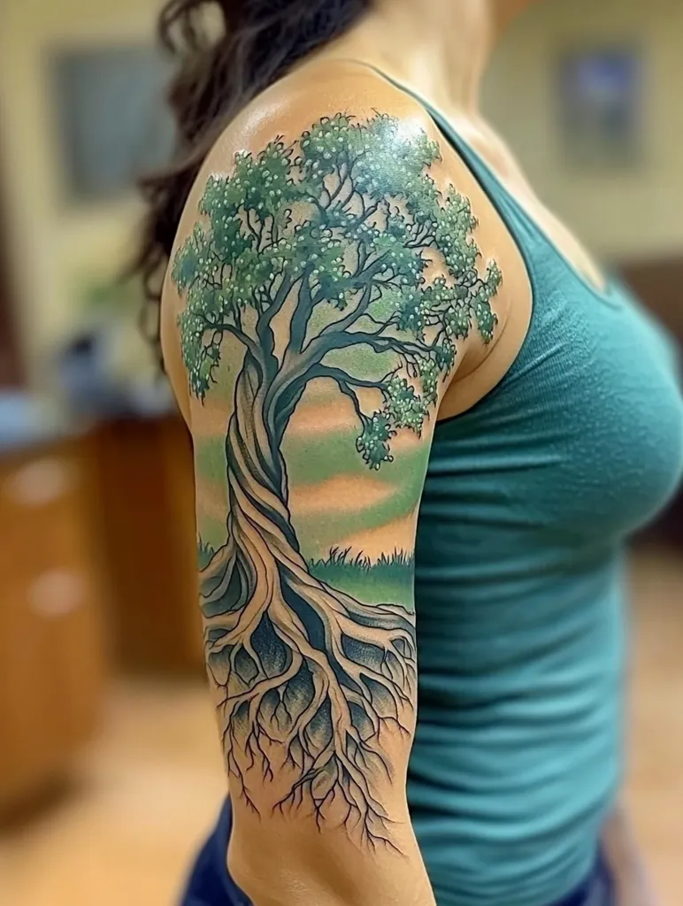 A woman with long dark hair has a large tattoo of a tree on her upper arm. The tree is drawn in a realistic style, with a green leafy canopy, a thick brown trunk, and intricate white roots spreading across the bottom of the image. The tattoo is beautifully detailed and covers almost the entire upper arm. She is wearing a teal tank top.  The image is taken from the side, and only her arm and shoulder are visible.