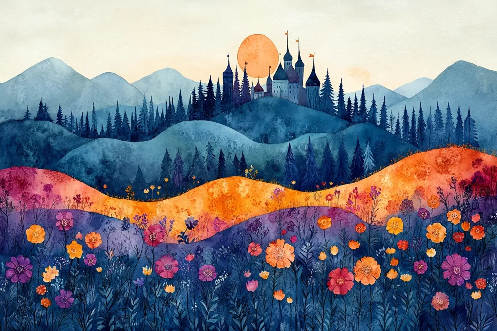 A whimsical watercolor painting depicts a fairytale castle nestled amidst rolling hills and a forest. The sun shines brightly in the sky, casting warm hues across the landscape.  The hills are painted in shades of blue and orange, while vibrant wildflowers bloom in the foreground. The scene evokes a sense of wonder and enchantment.