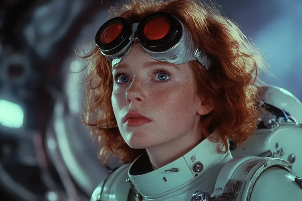A young woman with red hair and freckles gazes upward with a curious expression. She wears a white spacesuit and large goggles with red lenses. The backdrop is blurry, hinting at a futuristic or technological setting. The image evokes a sense of wonder and anticipation, as if she is about to embark on an exciting adventure.