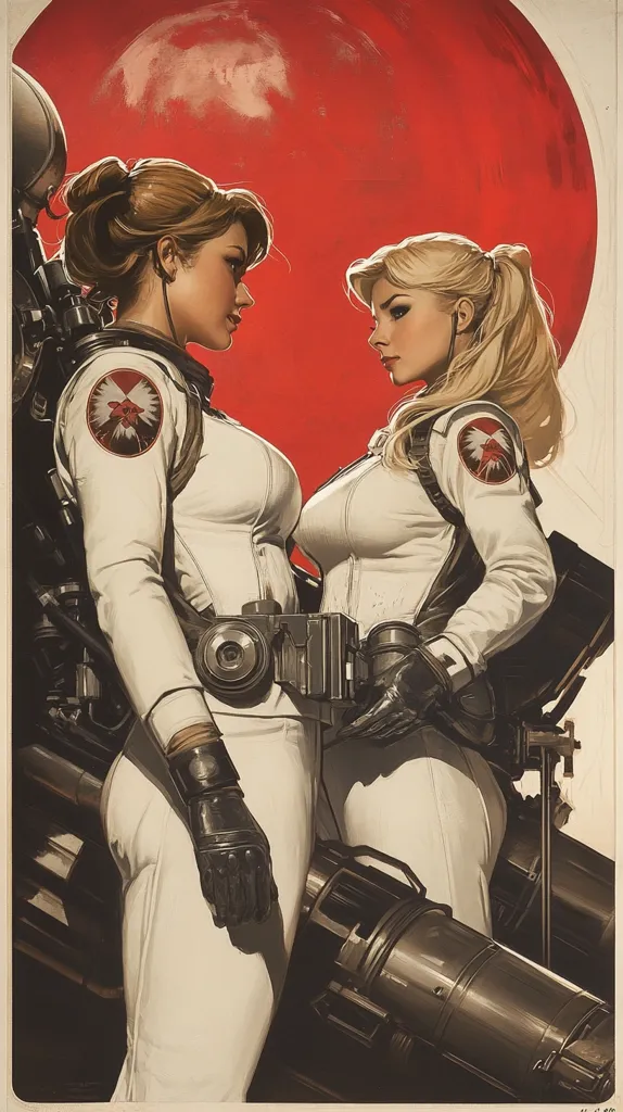 Two women in white jumpsuits stand in front of a large red circle. They are both armed and wearing gloves. The woman on the left is looking at the woman on the right, who is looking off to the side. The background is a dark, industrial setting with a large, metallic object. The women have a serious expression on their faces. The red circle gives the image a sense of urgency and danger.  They are both part of the same group as the symbol on their sleeves are the same.