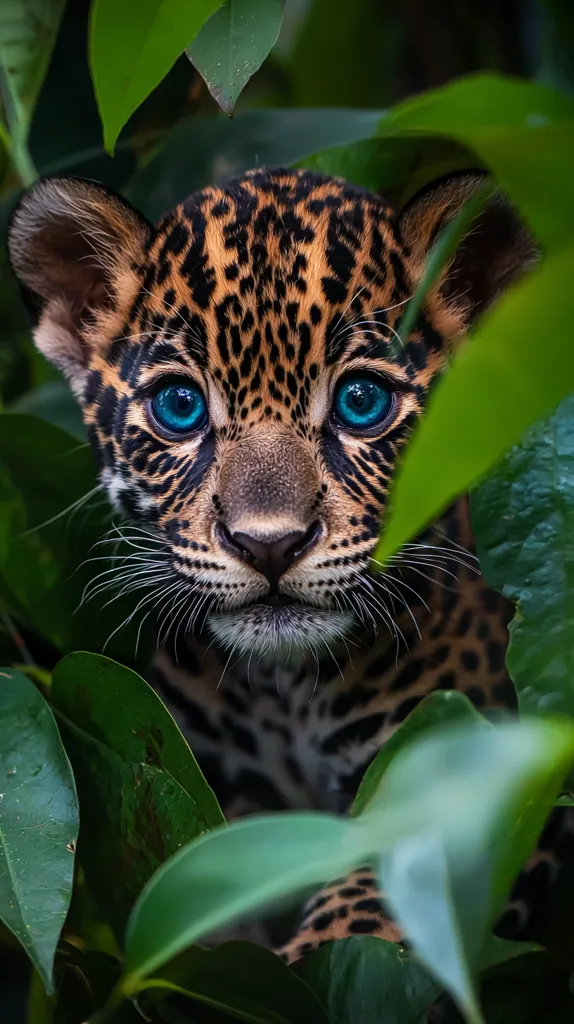 A close-up of a young jaguar peeking out from behind large green leaves. It has a spotted coat and piercing blue eyes. Its whiskers are visible, and its mouth is slightly open, giving it a curious expression. The background is blurred, leaving the jaguar in sharp focus. The image captures the beauty and mystique of this wild animal.