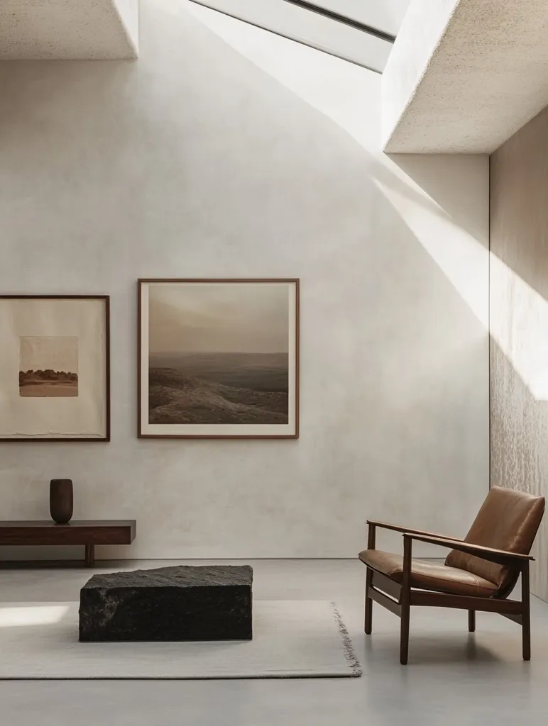 The image showcases a minimalist living room with a light gray concrete wall. Two framed landscapes adorn the wall, while a large, rectangular stone coffee table sits on a white rug. Sunlight streams in from a skylight, creating soft shadows. A wooden armchair with a brown leather seat adds a touch of warmth to the room. The overall aesthetic is clean, serene, and modern.