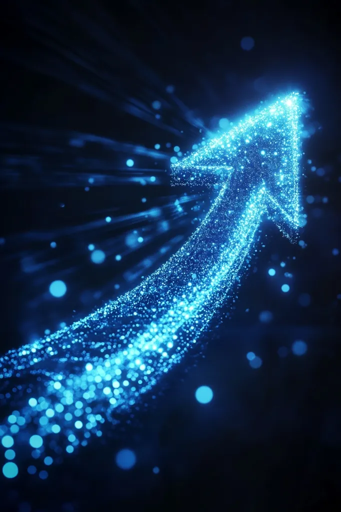 A luminous blue arrow, composed of countless shimmering particles, ascends against a dark backdrop. The arrow is formed by a trail of light, creating an ethereal and dynamic effect. Scattered bokeh lights add depth and a sense of movement to the scene. The image evokes notions of progress, growth, and upward momentum.