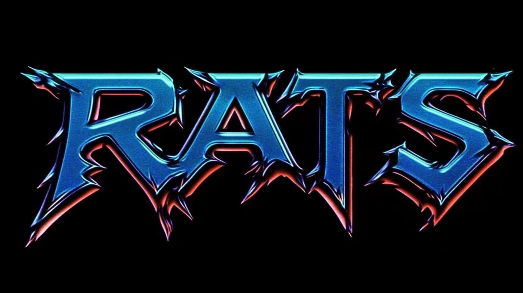 The image is a logo for the band RATS. The letters are written in a bold, stylized font, with sharp edges and a metallic blue finish. The outline of the letters is in a red color that suggests a glow or outline. The background is black. The logo has a grunge and heavy metal aesthetic.