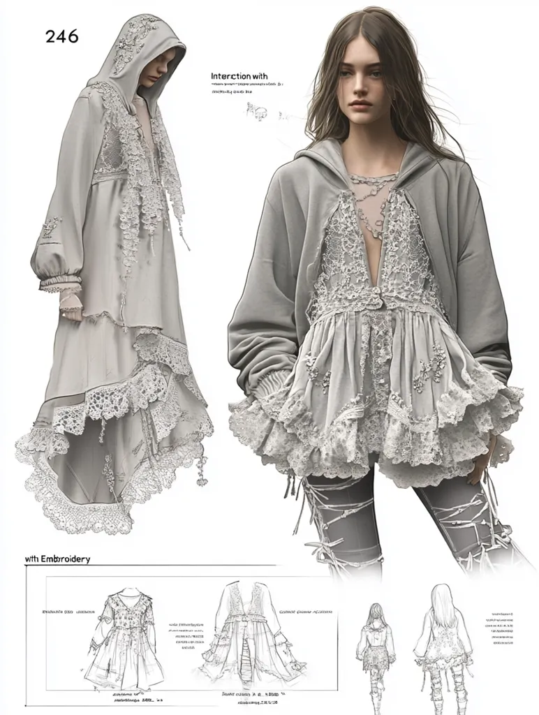 The image depicts a fashion design concept for a grey hooded dress with intricate lace detailing. The design is presented in a  sketch format, featuring a front view, a side view, and a back view of the dress. The dress features a flowing, layered silhouette and a deep V-neckline. The lace embroidery is emphasized, adding a delicate and feminine touch to the overall design. The sketches are detailed and well-executed, providing a clear vision for the final product.