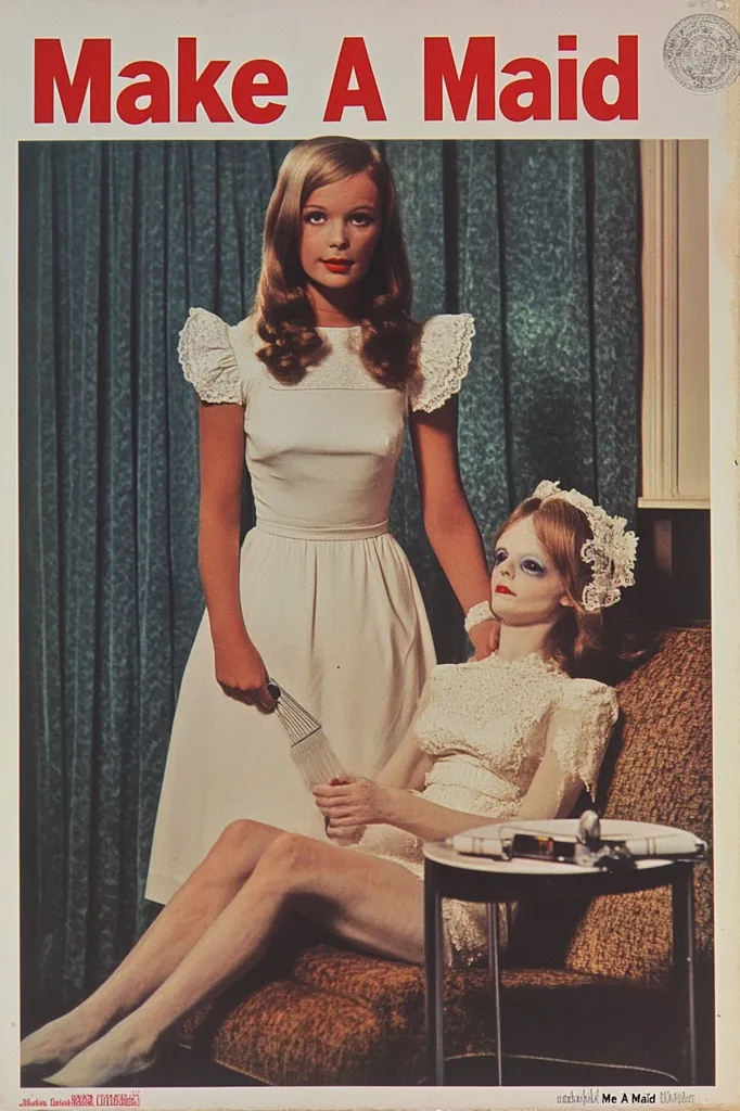 A vintage advertisement for "Make A Maid" featuring two women. One is in a white dress, holding a whisk, and the other is sitting in a chair, holding a toy airplane. They are both smiling and appear to be enjoying themselves. The advertisement is set in a living room with green curtains in the background. It promotes the idea that a maid can make a woman's life easier and more enjoyable.