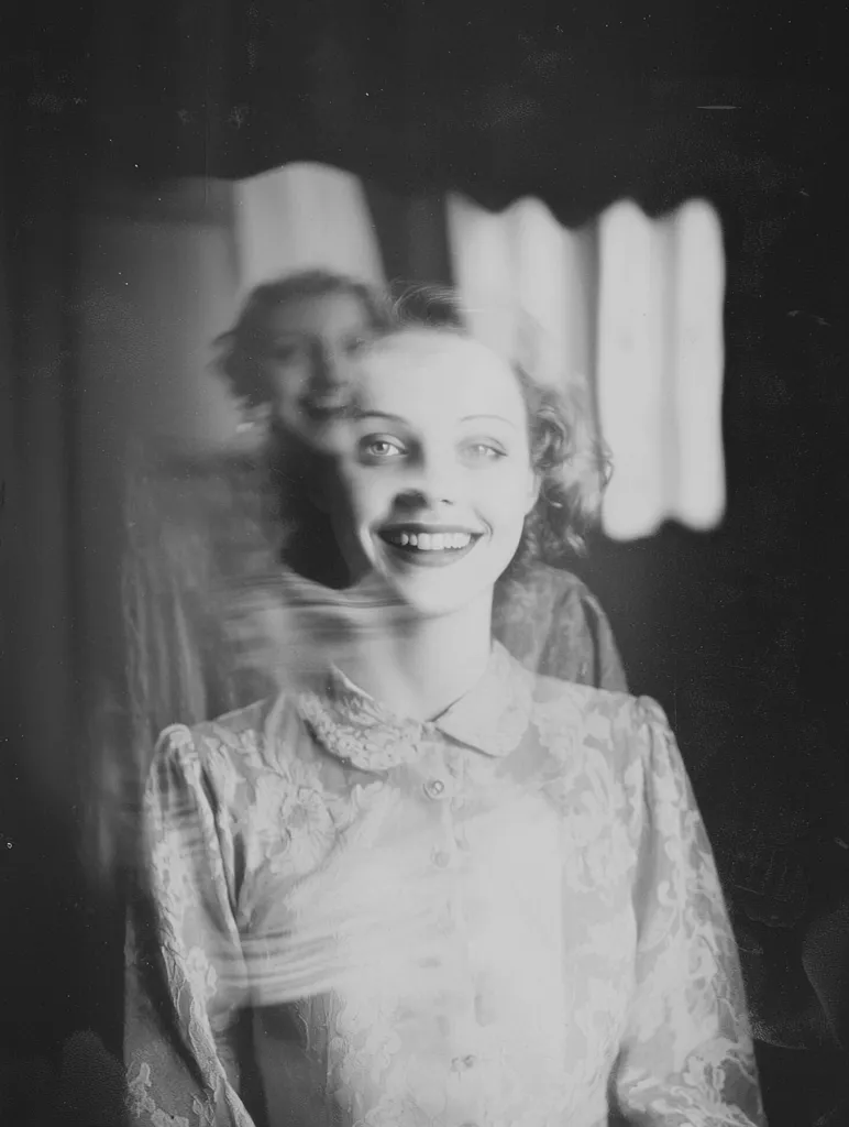 A woman with short curly hair smiles softly for the camera, her face is the focus of the image.  The black and white photograph has a grainy, vintage quality. The woman is wearing a lacy, collared shirt.  Behind her, a blurred figure is visible in the background.