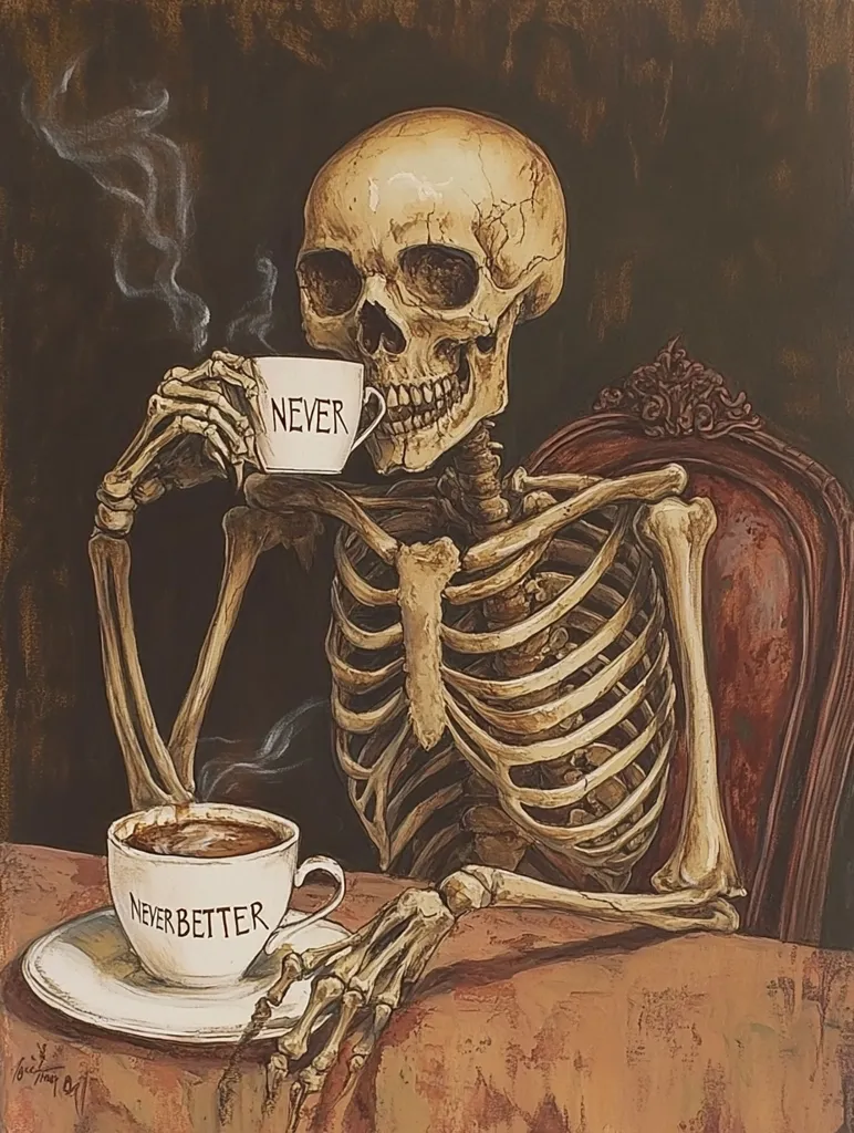 A skeletal figure sits in a chair, enjoying a cup of coffee. The skeleton is depicted in detail, with visible bones and joints. It holds a cup with \