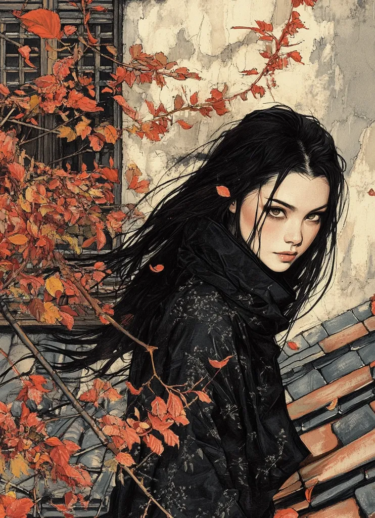 A young woman with long black hair stands in front of a weathered building with a tiled roof.  A branch of autumn leaves with shades of red and orange frames the woman on the left.  Her black clothing is adorned with a floral pattern and she looks directly at the viewer with a serious expression.  The image evokes a sense of mystery and intrigue.