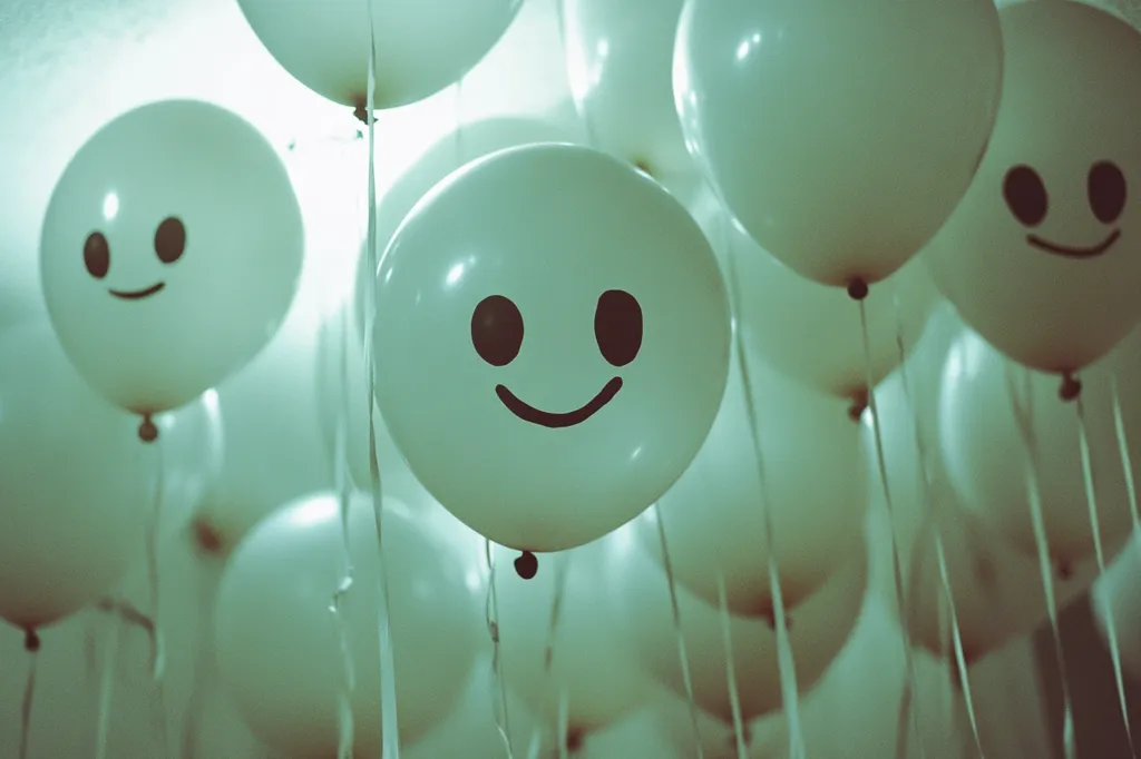 The image shows a cluster of white balloons with black smiley faces drawn on them. The balloons are tied together with strings and are floating in the air, creating a cheerful and festive atmosphere. The light is soft and muted, casting a subtle green tint on the balloons, enhancing their soft and playful appeal. The image evokes feelings of joy, celebration, and happiness.