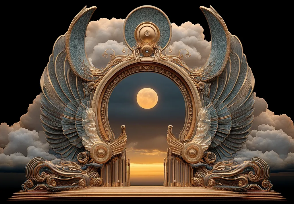 A grand, ornate golden archway with intricate carvings and winged accents frames a full moon in a night sky.  The archway appears to be a gateway to a celestial realm, with clouds surrounding it and a hint of a sunset in the distance. The overall impression is one of grandeur, mystery, and a sense of passage to another world.
