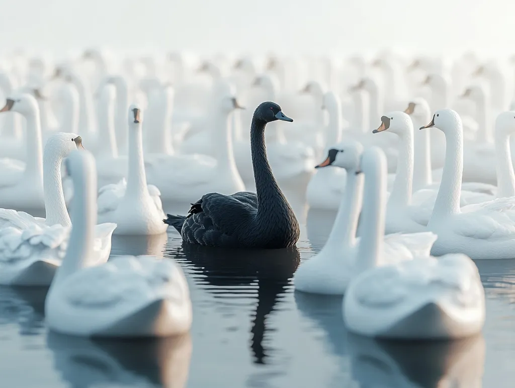 A single black swan stands out in a crowd of white swans floating on calm water. The black swan is sleek and elegant, its dark feathers contrasting sharply with the white of its companions. The image creates a sense of individuality and uniqueness, highlighting the black swan's striking presence among the flock. The soft light and tranquil scene adds to the overall beauty of the image.